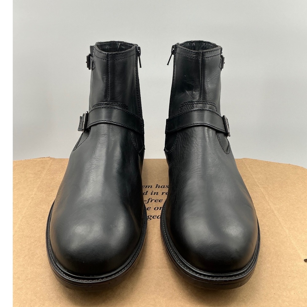 Steve Madden Mens Black Leather Harness Ankle Boots Side Zip Buckle Detail